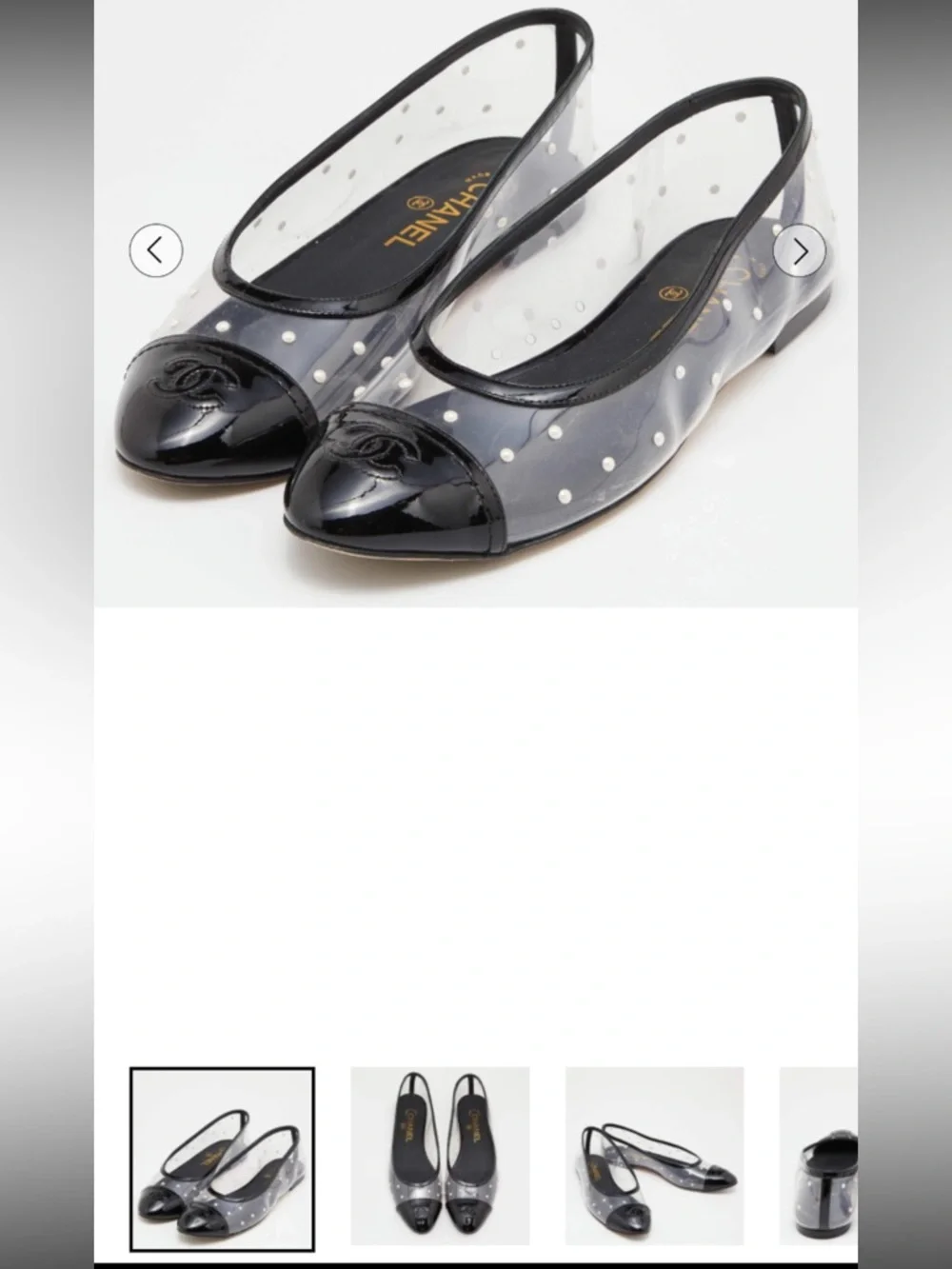 CHANEL PVC serial#GO2819 clear balerina flats 37 1/2 with Pearl Polka Studs-used